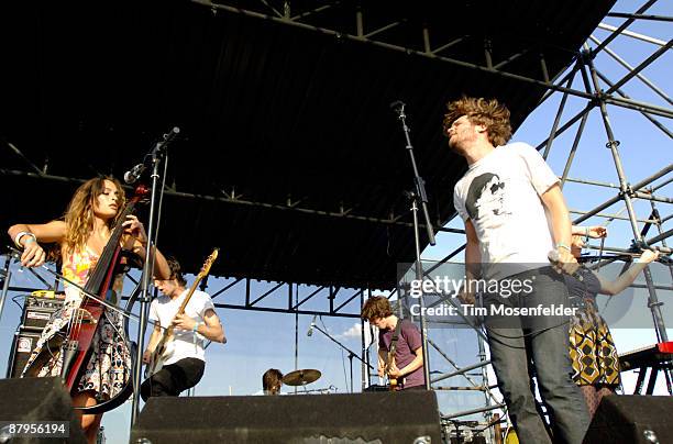 Alexandra Lawn, Mathieu Santos, Milo Bonacci, Wes Miles, and Rebecca Zeller of Ra Ra Riot perform as part of the Sasquatch! Music Festival at the...