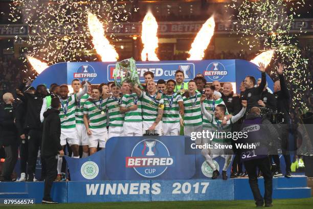 Celtic lift the Betfred Cup after defeating Motherwell at Hampden Park on November 26, 2017 in Glasgow, Scotland.