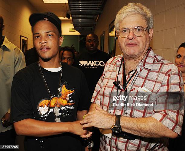 Rapper T.I. And Promoter Dick Klatzman backstage at T.I.'s Final Countdown Concert at Philips Arena on May 24, 2009 in Atlanta, Georgia.