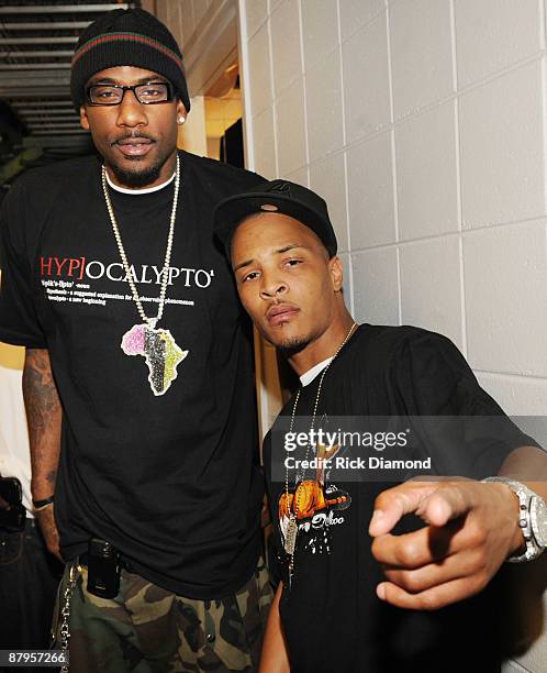 Player Amar'e Stoudemire and Rapper T.I. Backstage at T.I.'s Final Countdown Concert at Philips Arena on May 24, 2009 in Atlanta, Georgia.