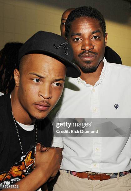 Rapper T.I. And Andre 3000 of OutKast backstage at the Philips Arena on May 24, 2009 in Atlanta, Georgia.