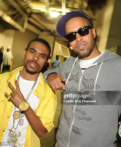 Rapper Lil Duval and Kenny Burns backstage at T.I.'s Final Countdown Concert at Philips Arena on May 24, 2009 in Atlanta, Georgia.
