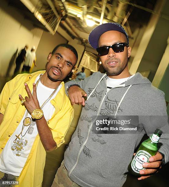 Rapper Lil Duval and Kenny Burns backstage at T.I.'s Final Countdown Concert at Philips Arena on May 24, 2009 in Atlanta, Georgia.