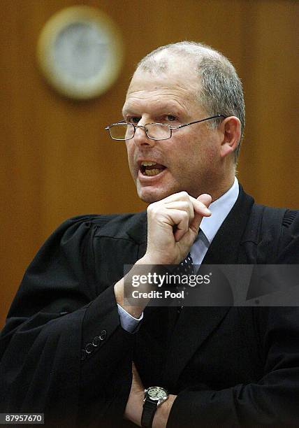 Crown counsel Cameron Mander cross examines Stephen Cordner during the continuation of David Bain's retrial at Christchurch High Court on May 25,...