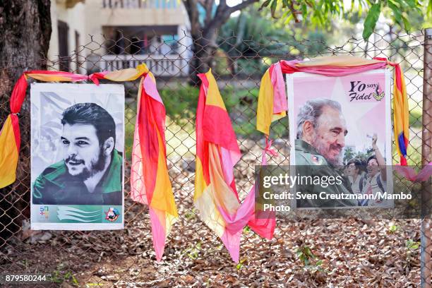 Photos of late Revolution leader Fidel Castro and Che Guevara are at display in front of the premise where Castro used to cast his vote, on occasion...