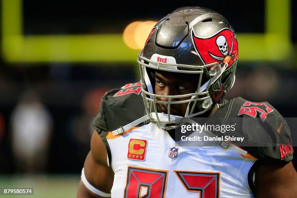 Gerald McCoy of the Tampa Bay Buccaneers warms up prior to the game against the Atlanta Falcons at Mercedes-Benz Stadium on November 26, 2017 in...