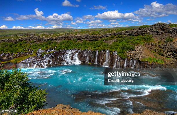 hraunfossar iceland - hraunfossar stock pictures, royalty-free photos & images