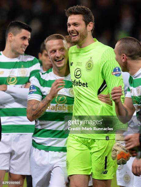 Craig Gordon and Leigh Griffiths of Celtic celebrate together after winning the Betfred League Cup during the Betfred League Cup Final between Celtic...