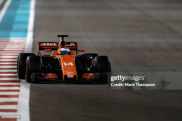 Fernando Alonso of Spain driving the McLaren Honda Formula 1 Team McLaren MCL32 on track during the Abu Dhabi Formula One Grand Prix at Yas Marina...