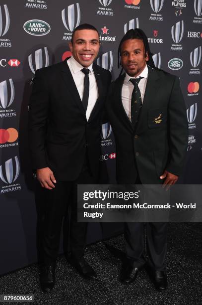 Bryan Habana of the South African Springboks and Rosko Specman of South Africa Sevens attend the World Rugby via Getty Images Awards 2017 in the...