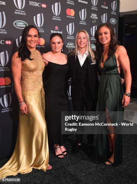 Portia Woodman, Michaela Blyde, Kelly Brazier and Ruby Tui of New Zealand attend the World Rugby via Getty Images Awards 2017 in the Salle des...