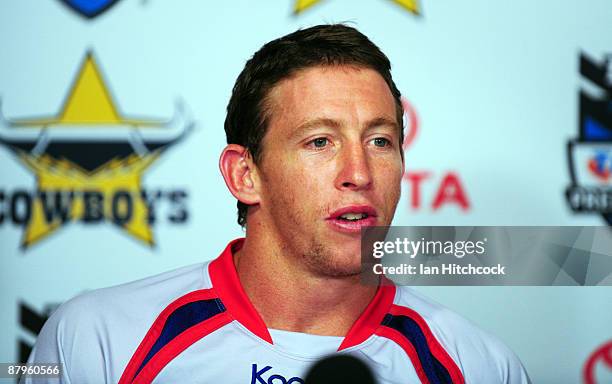 Kurt Gidley of the Knights speaks during the post match media conference after the round 11 NRL match between the North Queensland Cowboys and the...