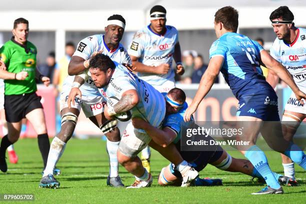 Ben Tameifuna of Racing 92 tries to break out of defence during the Top 14 match between Racing 92 and Montpellier on November 26, 2017 in Paris,...