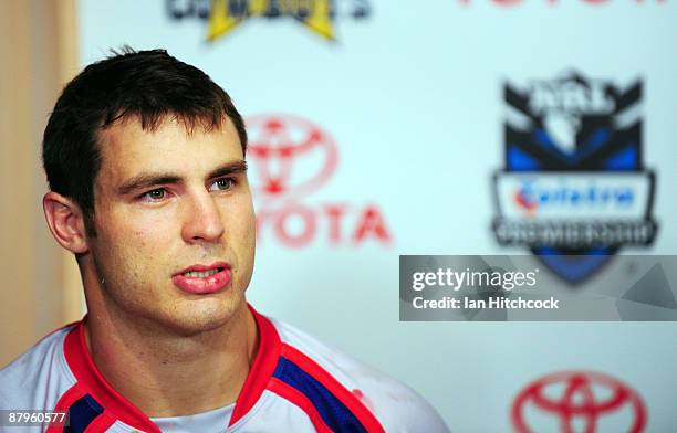 James McManus of the Knights speaks during the post match media conference after the round 11 NRL match between the North Queensland Cowboys and the...