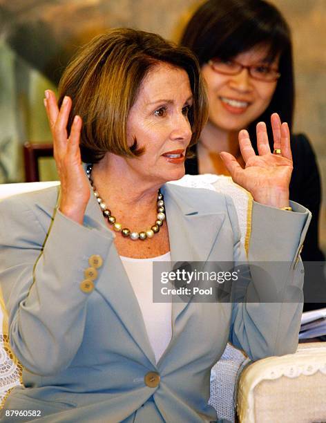 Nancy Pelosi speaker of the United States House of Representatives smiles during a meeting with Mayor of Shanghai Han Zheng on May 25, 2009 in...