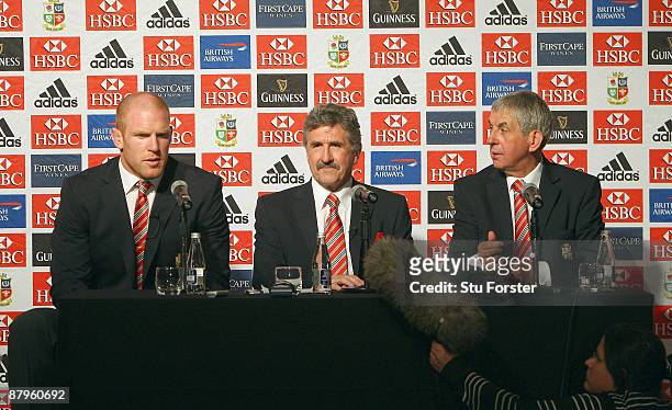 British & Irish Lions captain Paul O'Connell, manager Gerald Davies and Head Coach Ian McGeechan face the media after arriving in South Africa at the...