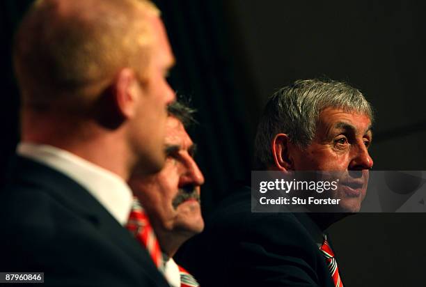 British & Irish Lions captain Paul O'Connell, manager Gerald Davies and Head Coach Ian McGeechan face the media after arriving in South Africa at the...