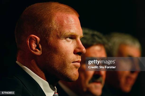 British & Irish Lions captain Paul O'Connell, manager Gerald Davies and Head Coach Ian McGeechan face the media after arriving in South Africa at the...