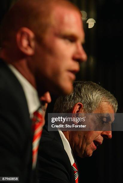 British & Irish Lions captain Paul O'Connell and Head Coach Ian McGeechan face the media after arriving in South Africa at the Sandton Sun Hotel on...