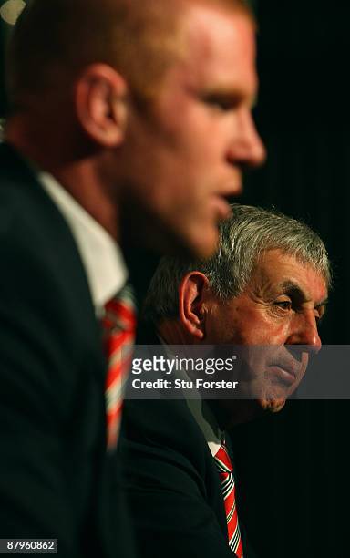 British & Irish Lions captain Paul O'Connell and Head Coach Ian McGeechan face the media after arriving in South Africa at the Sandton Sun Hotel on...