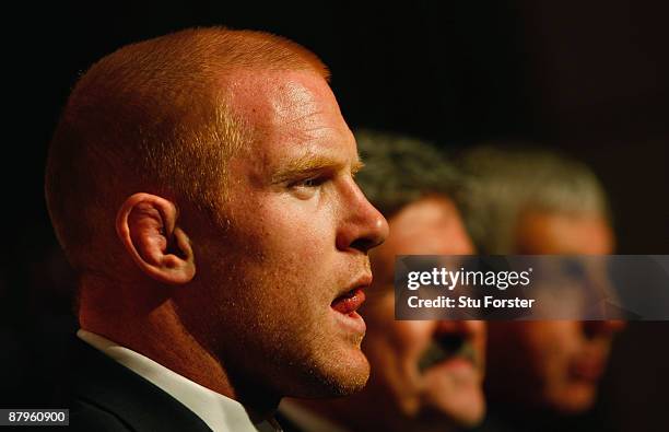 British & Irish Lions captain Paul O'Connell, manager Gerald Davies and Head Coach Ian McGeechan face the media after arriving in South Africa at the...