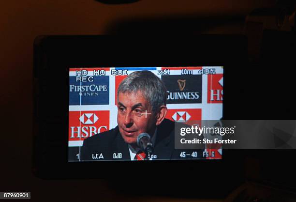 British & Irish Lions Head Coach Ian McGeechan faces the media after arriving in South Africa at the Sandton Sun Hotel on May 25, 2009 in...
