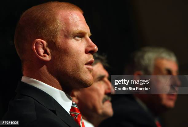 British & Irish Lions captain Paul O'Connell, manager Gerald Davies and Head Coach Ian McGeechan face the media after arriving in South Africa at the...