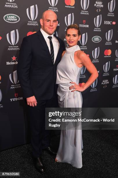 Stephen Moore of the Australian Wallabies and his wife Courtney attend the World Rugby via Getty Images Awards 2017 in the Salle des Etoiles at...