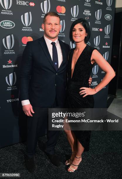 Dylan Hartley of England and his fiancee Joanne Tromans attend the World Rugby via Getty Images Awards 2017 in the Salle des Etoiles at Monte-Carlo...