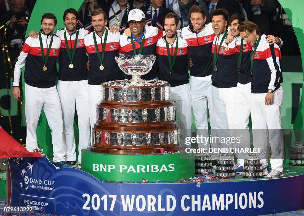 France's Gilles Simon, Jeremy Chardy, Julien Benneteau, Yannick Noah, Richard Gasquet, Nicolas Mahut, Jo-Wilfried Tsonga Pierre-Hugues Herbert and...