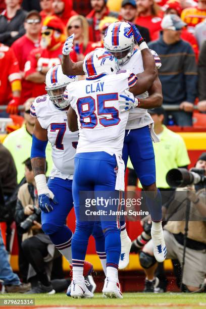 Wide receiver Zay Jones and teammate Charles Clay of the Buffalo Bills celebrate a touchdown catch against the Kansas City Chiefs during the first...