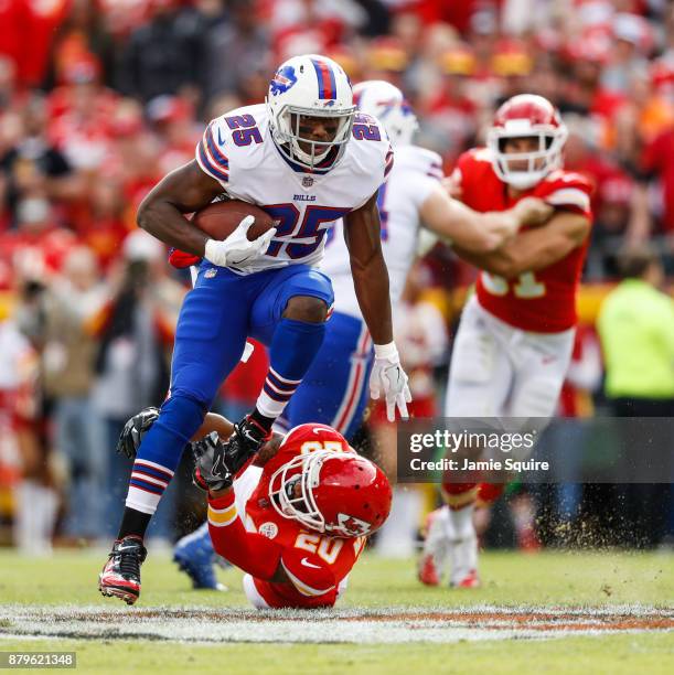 Running back LeSean McCoy of the Buffalo Bills breaks through the tackle attempt of cornerback Steven Nelson of the Kansas City Chiefs during the...