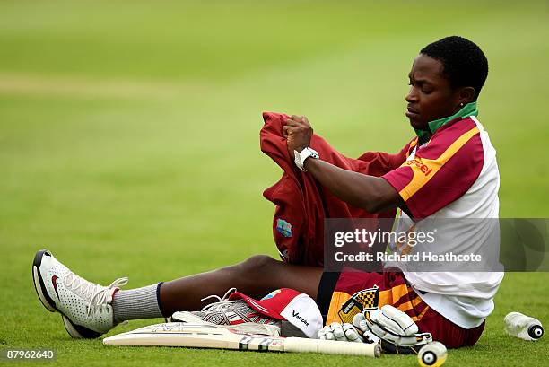 Fidel Edwards gets ready for practice during the West Indies net session ahead of tomorrow's third Natwest ODI at Edgbaston on May 25, 2009 in...