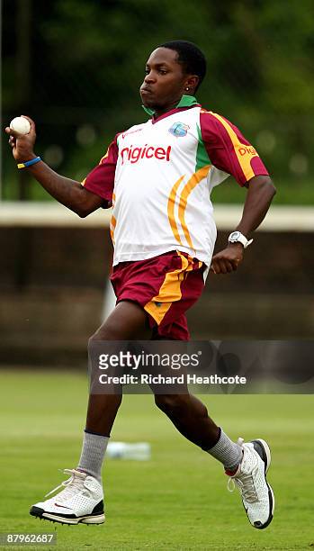 Fidel Edwards bowls during the West Indies net session ahead of tomorrow's third Natwest ODI at Edgbaston on May 25, 2009 in Birmingham, England.