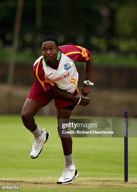 Fidel Edwards bowls during the West Indies net session ahead of tomorrow's third Natwest ODI at Edgbaston on May 25, 2009 in Birmingham, England.