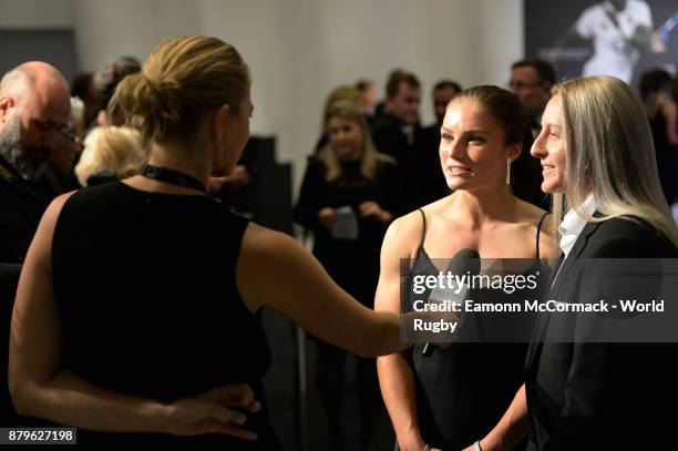 Michaela Blyde and Kelly Brazierare interviewed during the World Rugby via Getty Images Awards 2017 in the Salle des Etoiles at Monte-Carlo Sporting...