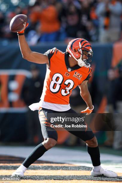 Tyler Boyd of the Cincinnati Bengals celebrates after an eight-yard touchdown reception against the Cleveland Browns in the first half of a game at...