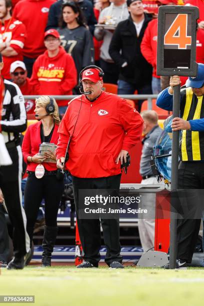 Head coach Andy Reid of the Kansas City Chiefs watches from the sidelines during the game against the Buffalo Bills at Arrowhead Stadium on November...