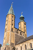 Towers of the Marktkirche church in the center of Goslar, Germany