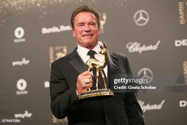 Arnold Schwarzenegger with award during the Bambi Awards 2017 winners board at Stage Theater on November 16, 2017 in Berlin, Germany.