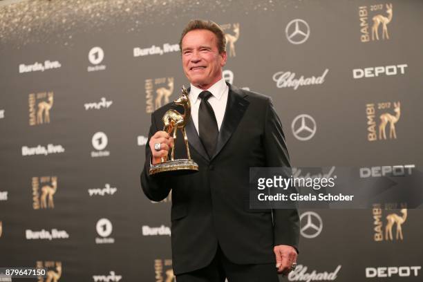 Arnold Schwarzenegger with award during the Bambi Awards 2017 winners board at Stage Theater on November 16, 2017 in Berlin, Germany.
