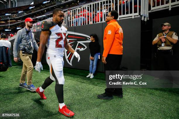 Doug Martin of the Tampa Bay Buccaneers walks off the field during the first half against the Atlanta Falcons at Mercedes-Benz Stadium on November...