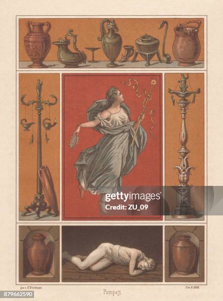 archaeological finds from pompeii, italy, lithograph, published in 1883 - mt vesuvius stock illustrations