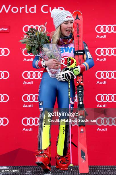 Mikaela Shiffrin of the United States celebrates on the medals podium after winning the Slalom competition during the Audi FIS Ski World Cup -...