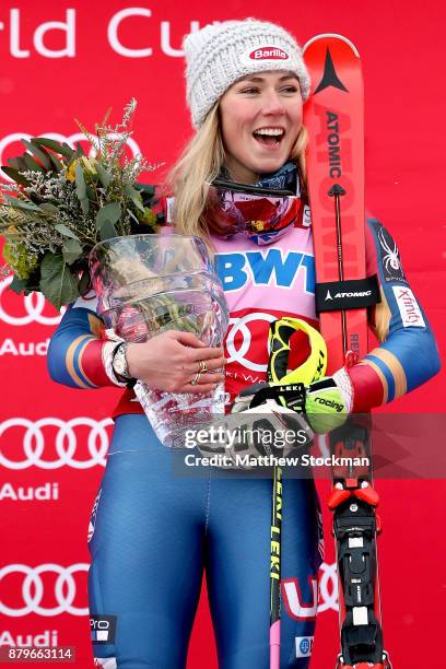 Mikaela Shiffrin of the United States celebrates on the medals podium after winning the Slalom competition during the Audi FIS Ski World Cup -...