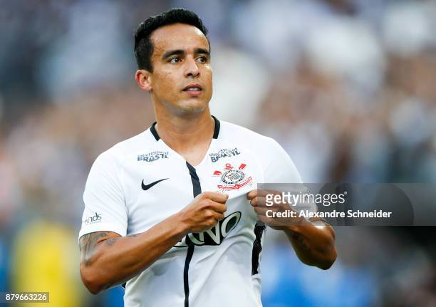 Jadson of Corinthians celebrates after scoring their first goal during the match against Atletico MG for the Brasileirao Series A 2017 at Arena...