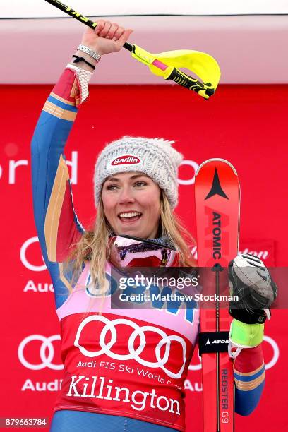 Mikaela Shiffrin of the United States celebrates on the medals podium after winning the Slalom competition during the Audi FIS Ski World Cup -...