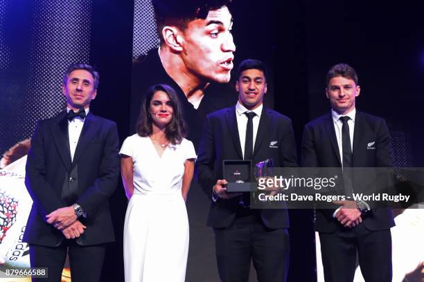 Rieko Ioane of New Zealand poses with the World Rugby via Getty Images Breakthrough Player of the Year Award in association with Tudor during the...
