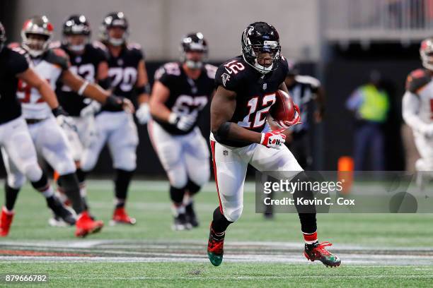 Mohamed Sanu of the Atlanta Falcons runs after a catch during the second half against the Tampa Bay Buccaneers at Mercedes-Benz Stadium on November...