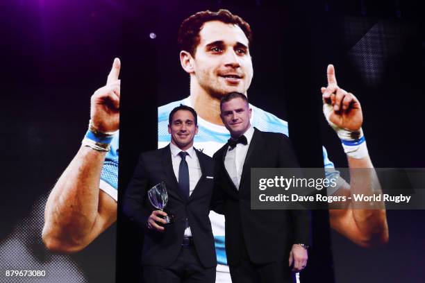 Joaquin Tuculet of Argentina receives the IRPA Try of the Year Award from Jamie Heaslip of Ireland during the World Rugby via Getty Images Awards...